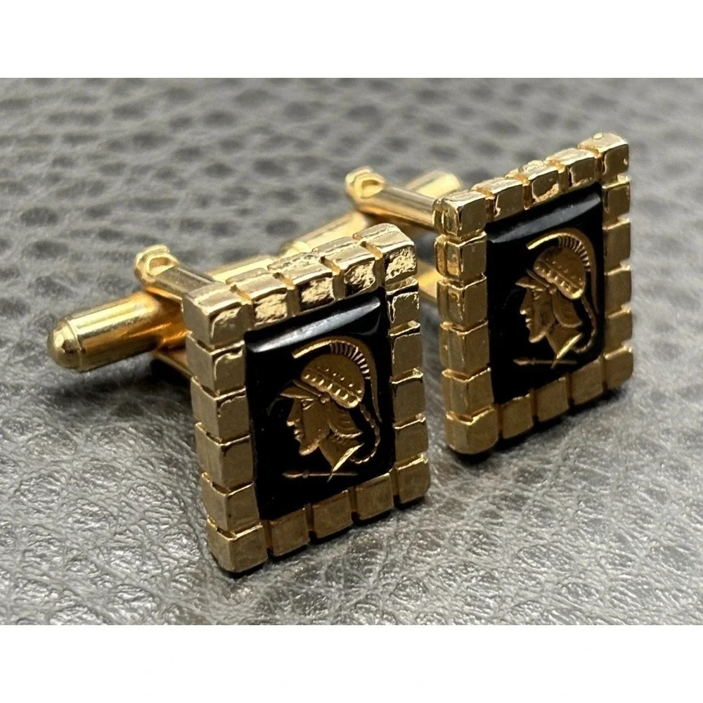 Vintage Roman Soldier Intaglio Style Gold Tone Cufflinks